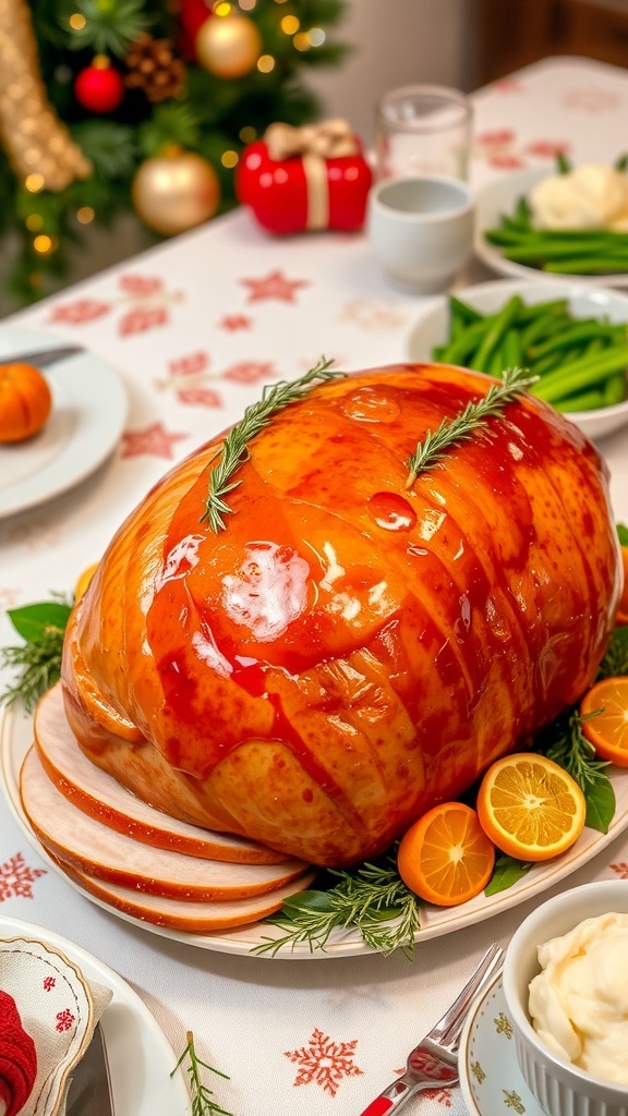 A honey glazed ham on a festive table, garnished with herbs and orange slices, with holiday decorations.